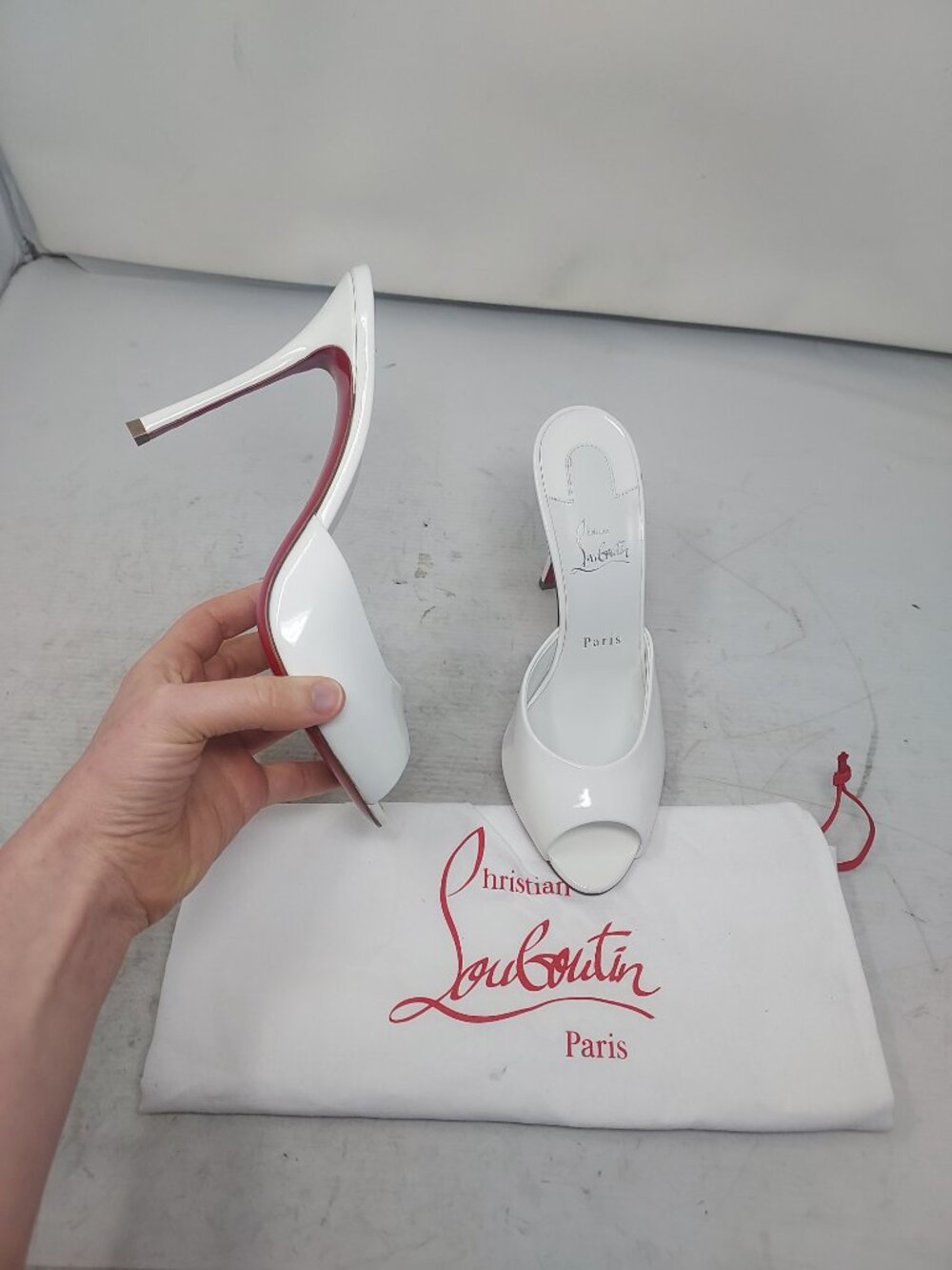 CHRISTIAN LOUBOUTIN Me Dolly Patent Leather White Mule Sandal